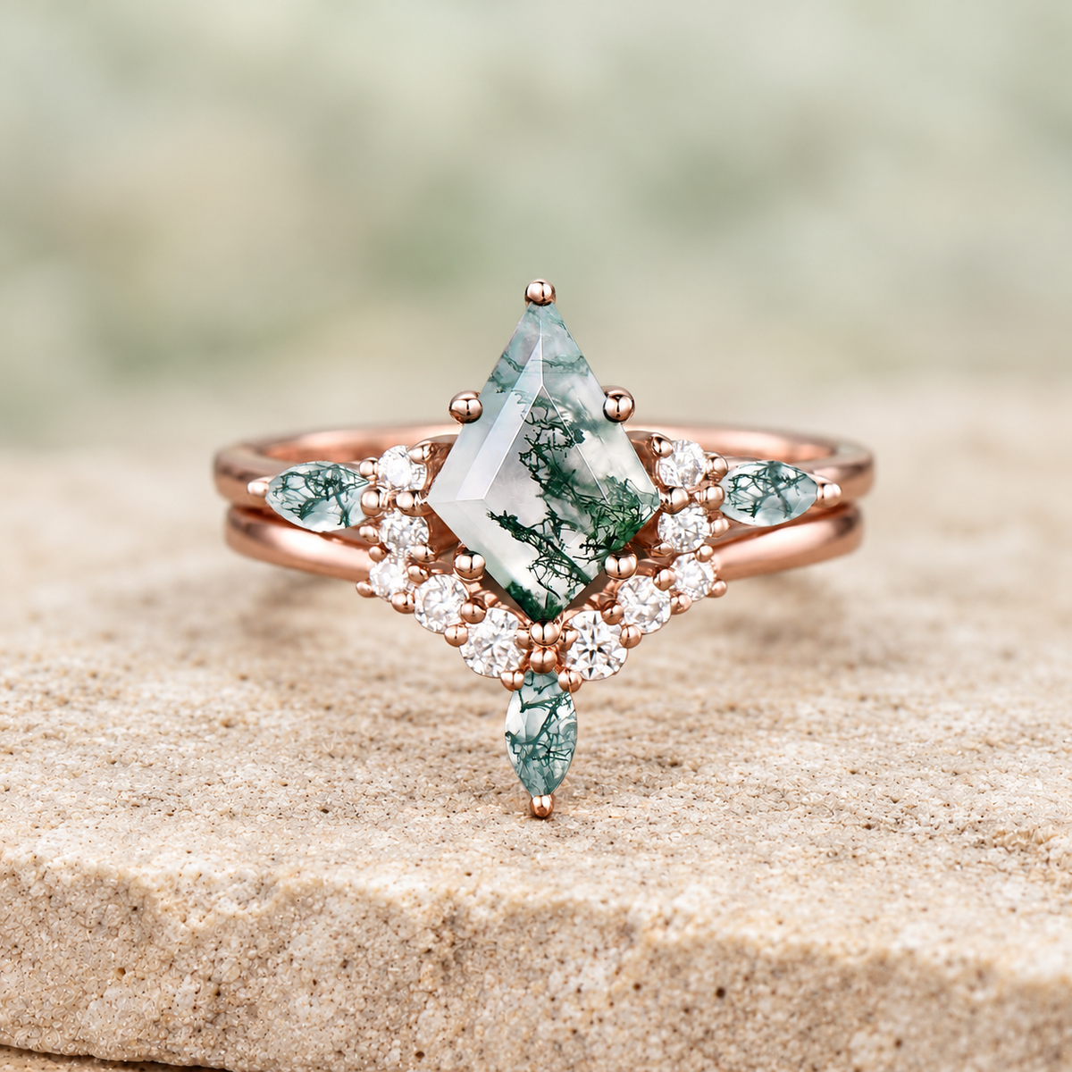 HERRINA Kite Moss Agate Six-Prong Bridal Ring Set, view 4