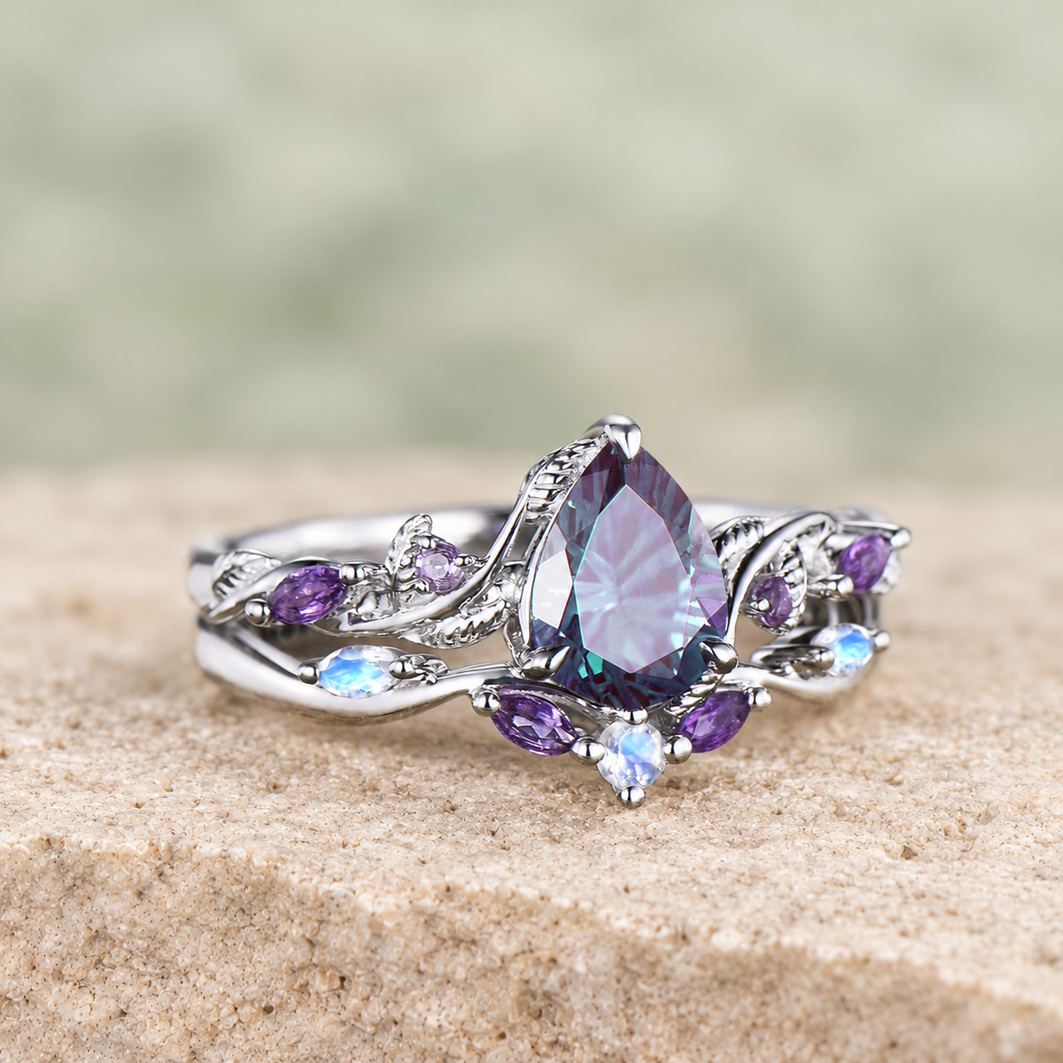 HERRINA Fireworks Cut Alexandrite Leaf Bridal Ring Set, view 4