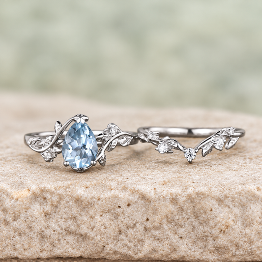 Pear Aquamarine Leaf Bridal Ring Set — detail 2