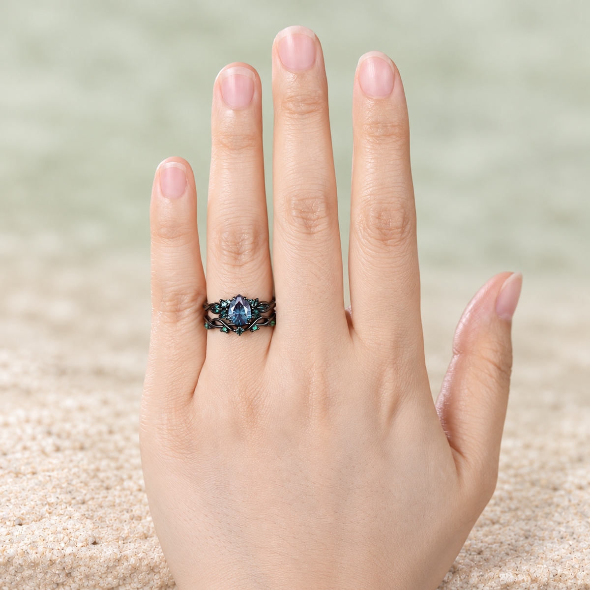 Pear Fireworks Alexandrite Infinity Bridal Ring Set — detail 4