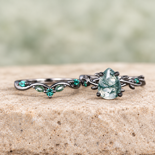 Pear Moss Agate Emerald Twig Bridal Ring Set — detail 2