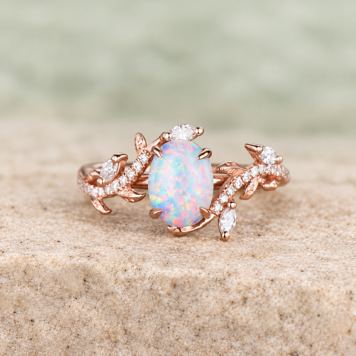 Oval White Opal Leaf Half-Eternity Bridal Ring Set — detail 4