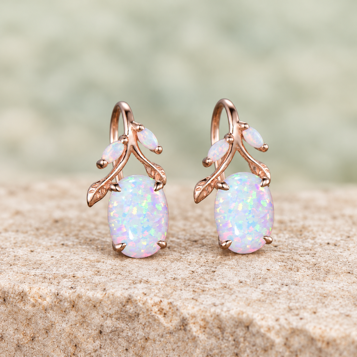 HERRINA Oval White Opal Leaf Drop Earrings, view 4