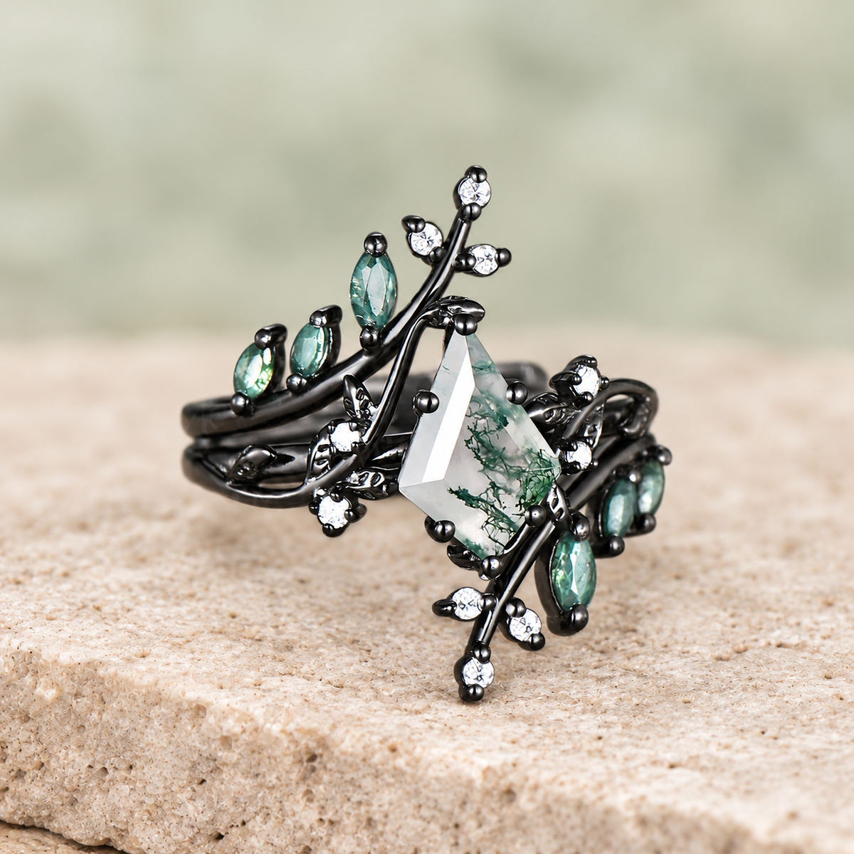 Kite Moss Agate Twig Bridal Ring Set — detail 4
