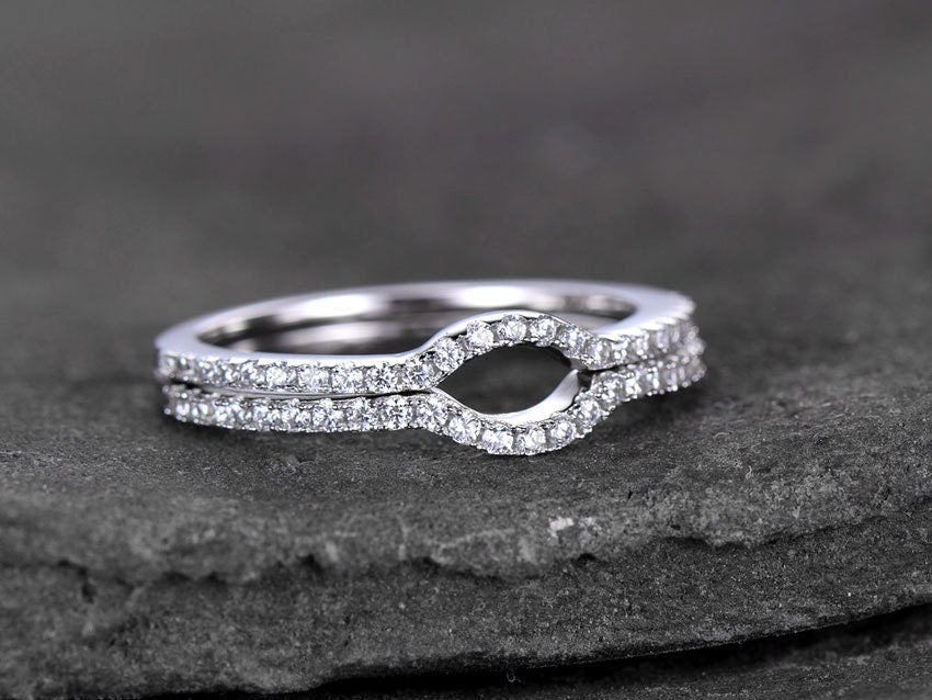 Sterling silver ring for women/Cubic Zirconia wedding band/CZ wedding ring/stackable ring/Matching band/Xmas gift/2pcs half moon gap ring