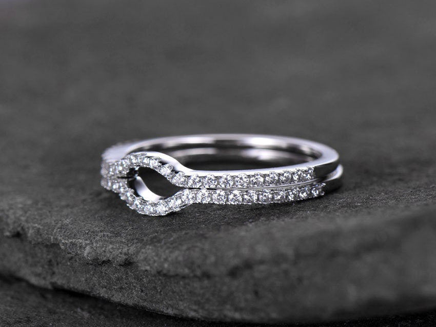 Sterling silver ring for women/Cubic Zirconia wedding band/CZ wedding ring/stackable ring/Matching band/Xmas gift/2pcs half moon gap ring