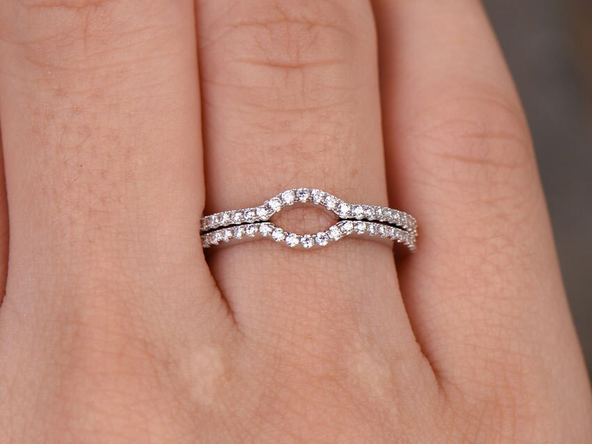 Sterling silver ring for women/Cubic Zirconia wedding band/CZ wedding ring/stackable ring/Matching band/Xmas gift/2pcs half moon gap ring