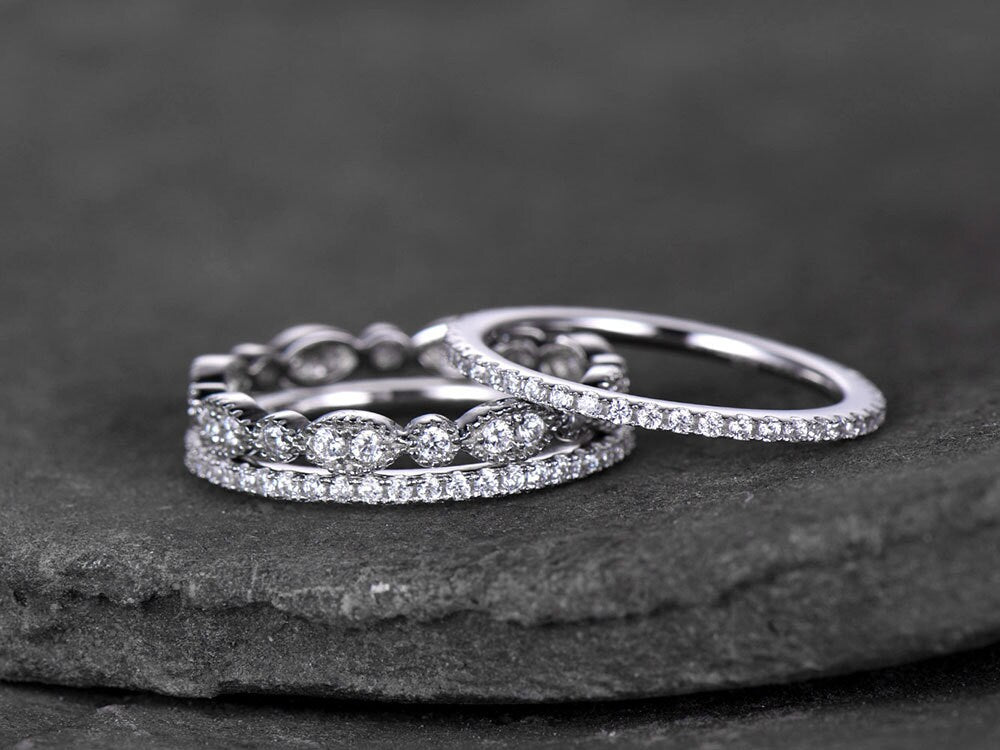 Sterling silver ring SET/Cubic Zirconia wedding band/CZ wedding ring/stack ring/3PCS Matching band/Full eternity ring/White gold plated