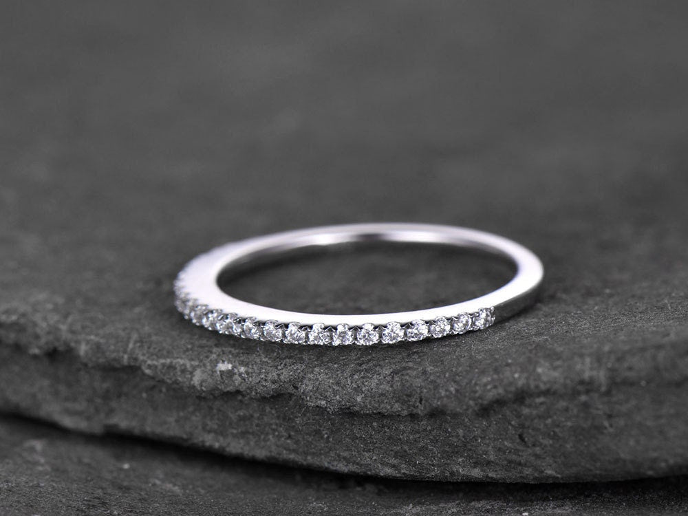 Sterling silver ring/Cubic Zirconia wedding band/CZ wedding ring/stack ring/Thin Matching band/Half eternity ring/White gold plated