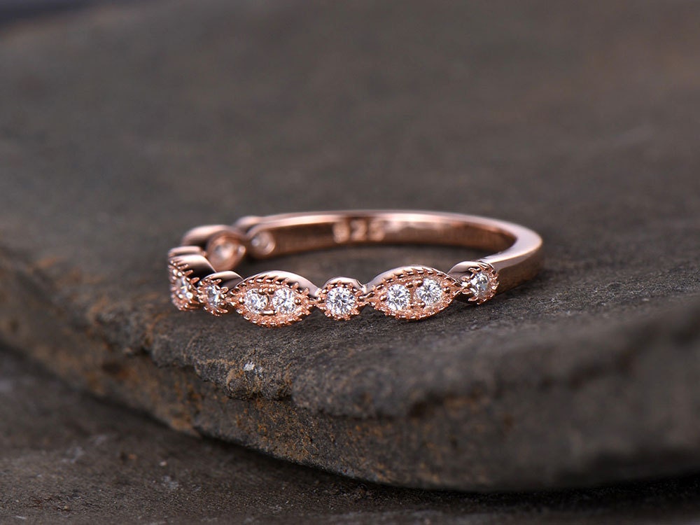 Sterling silver ring/Cubic Zirconia wedding band/CZ wedding ring/stack ring/Art Deco Matching band/Half eternity ring/Rose gold plated
