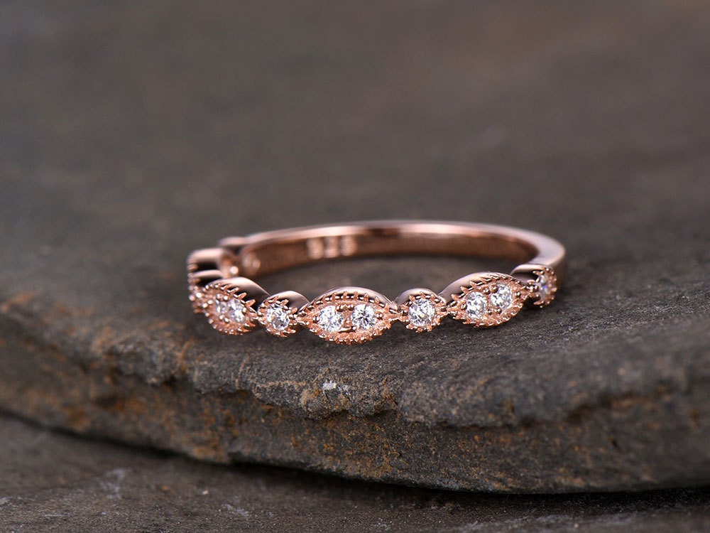 Sterling silver ring/Cubic Zirconia wedding band/CZ wedding ring/stack ring/Art Deco Matching band/Half eternity ring/Rose gold plated