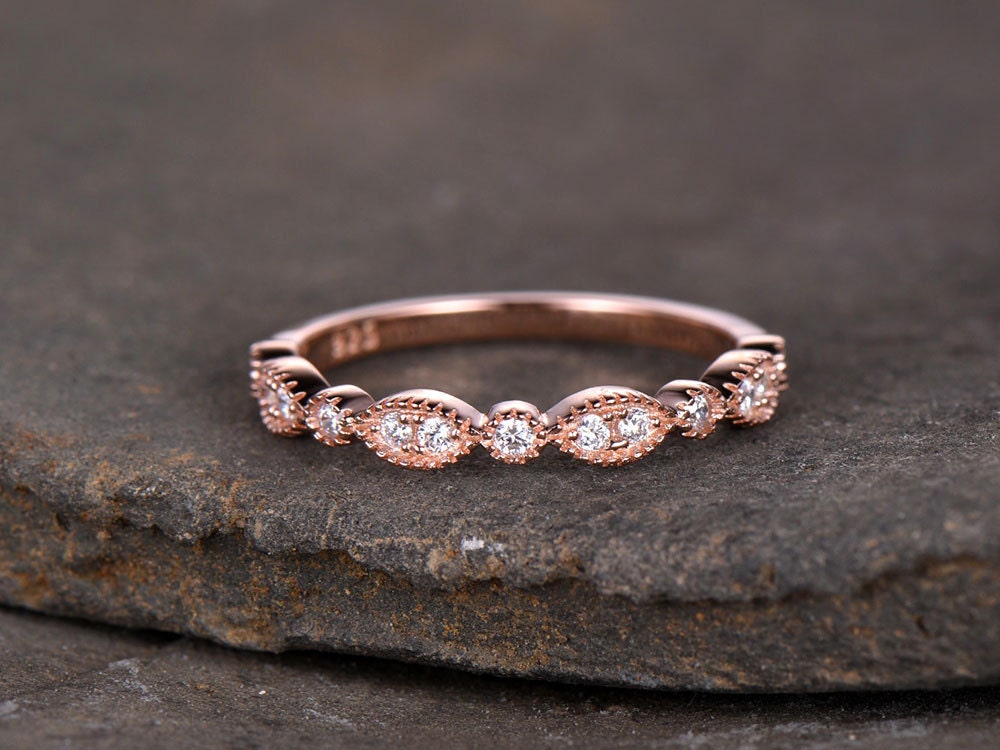 Sterling silver ring/Cubic Zirconia wedding band/CZ wedding ring/stack ring/Art Deco Matching band/Half eternity ring/Rose gold plated