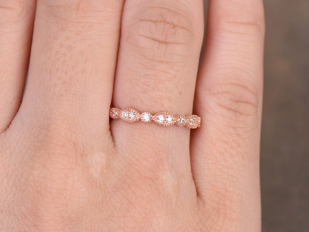 Sterling silver ring/Cubic Zirconia wedding band/CZ wedding ring/stack ring/Art Deco Matching band/Half eternity ring/Rose gold plated
