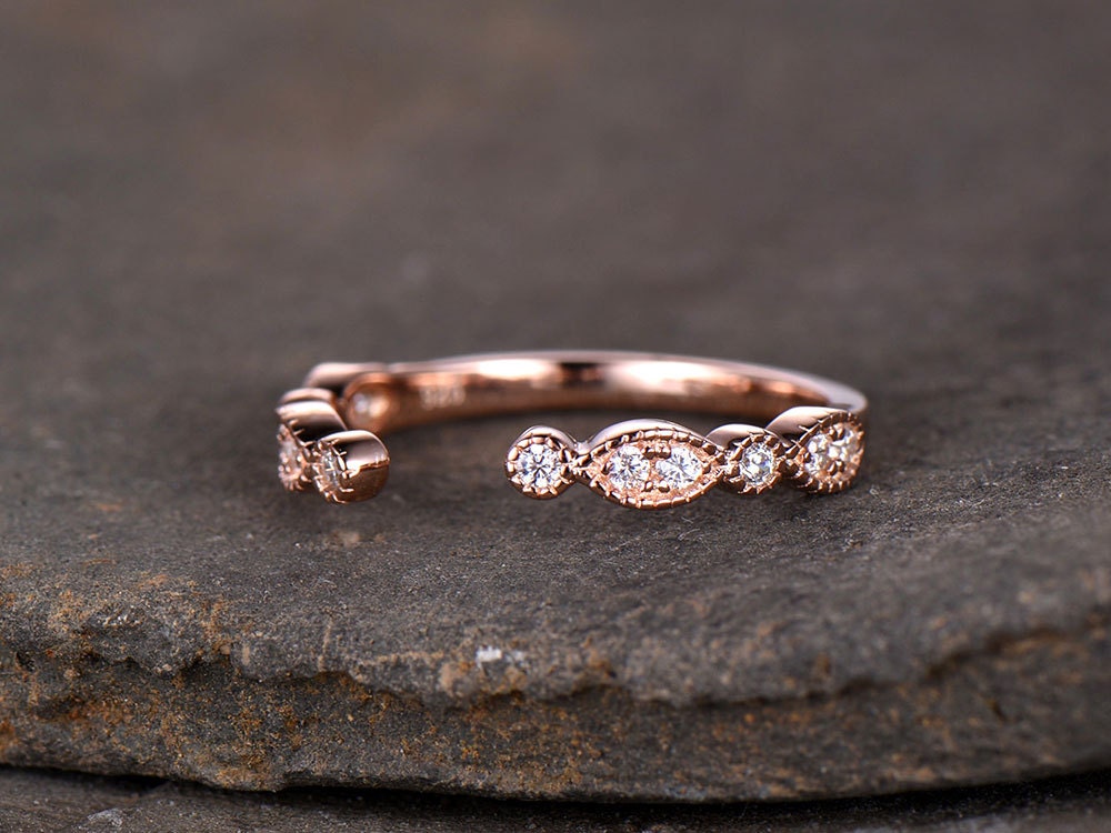 Sterling silver ring/Cubic Zirconia wedding band/CZ wedding ring/stack ring/Open Art Deco Matching band/Half eternity ring/Rose gold plated