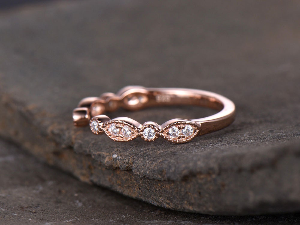 Sterling silver ring/Cubic Zirconia wedding band/CZ wedding ring/stack ring/Open Art Deco Matching band/Half eternity ring/Rose gold plated