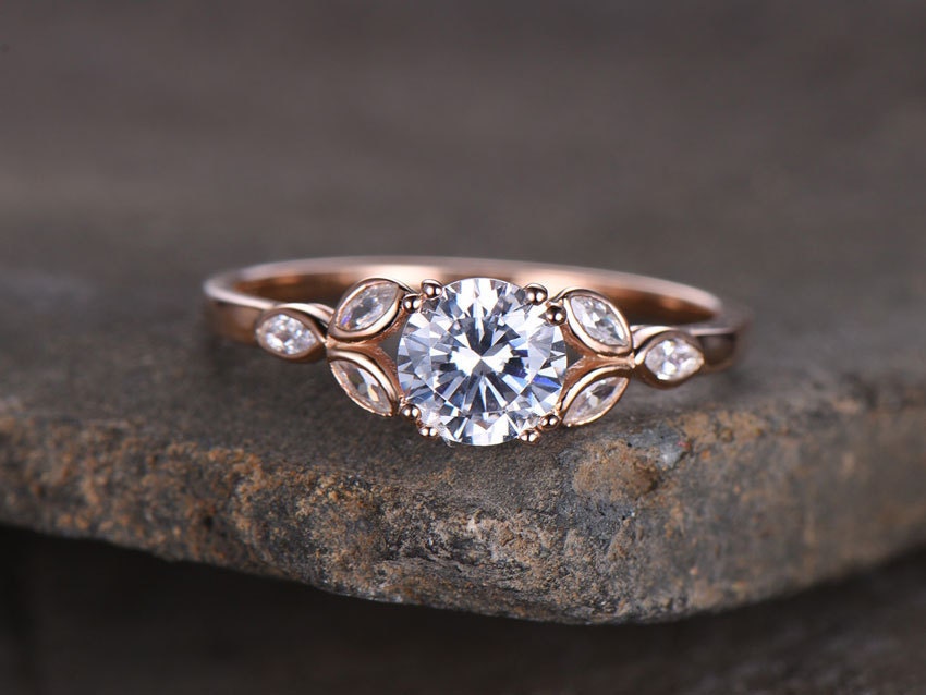 Sterling silver ring/Round cut Cubic Zirconia engagement ring/CZ wedding ring/Three flower marquise/promise ring/Xmas gift/Rose gold plated