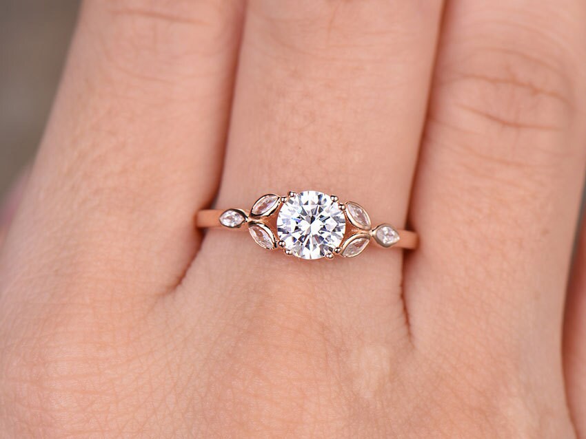 Sterling silver ring/Round cut Cubic Zirconia engagement ring/CZ wedding ring/Three flower marquise/promise ring/Xmas gift/Rose gold plated