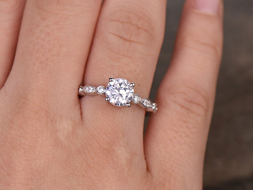 Sterling silver ring/Round cut Cubic Zirconia engagement ring/CZ wedding ring/stackable ring/promise ring/Xmas gift/White gold plated