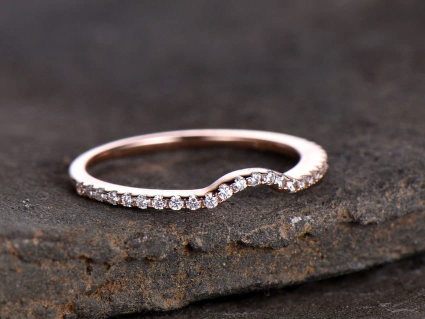 Sterling silver ring/Cubic Zirconia wedding band/CZ wedding ring/stackable ring/Matching band/rose gold plated/Curved half moon gap ring
