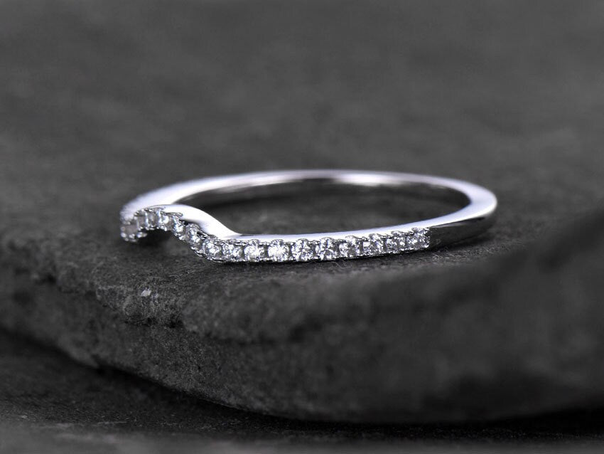 Sterling silver ring/Cubic Zirconia wedding band/CZ wedding ring/stackable ring/Matching band/white gold plated/Curved half moon gap ring