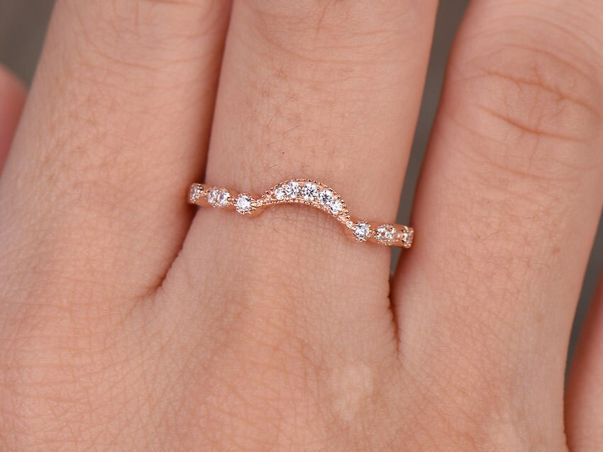 Sterling silver ring for women/Cubic Zirconia wedding band/CZ wedding ring/stackable ring/Matching band/Rose gold plated/curve half moon gap