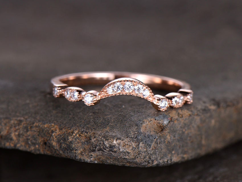 Sterling silver ring for women/Cubic Zirconia wedding band/CZ wedding ring/stackable ring/Matching band/Rose gold plated/curve half moon gap