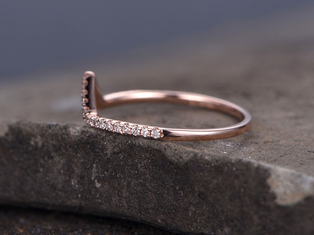 Sterling silver ring/Cubic Zirconia wedding band/CZ wedding ring/stackable ring/Matching band/rose gold plated/Curved Sharp V shape gap ring