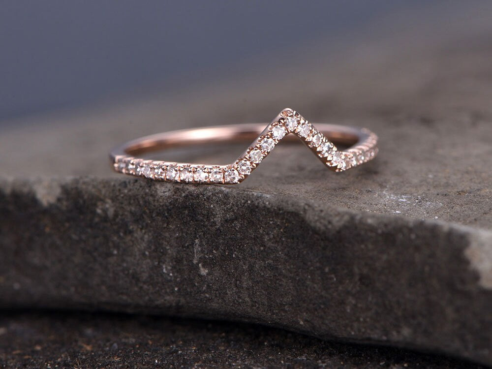 Sterling silver ring/Cubic Zirconia wedding band/CZ wedding ring/stackable ring/Matching band/rose gold plated/Curved Sharp V shape gap ring