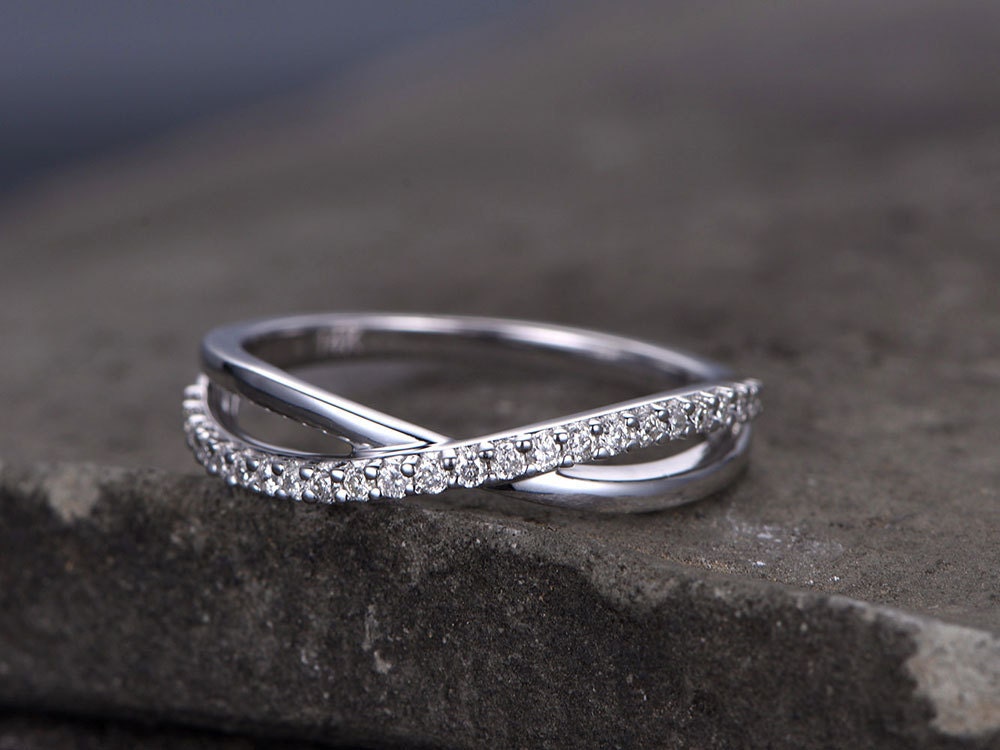 Infinity Sterling silver ring/Cubic Zirconia wedding band/CZ wedding ring/stackable ring/Matching band/Gift/Split shank/White gold plated