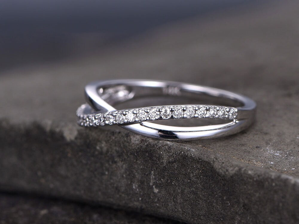 Infinity Sterling silver ring/Cubic Zirconia wedding band/CZ wedding ring/stackable ring/Matching band/Gift/Split shank/White gold plated