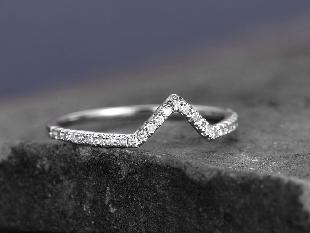 Sterling silver ring/Cubic Zirconia wedding band/CZ wedding ring/stackable ring/Matching band/white gold plated/Curved half V gap ring