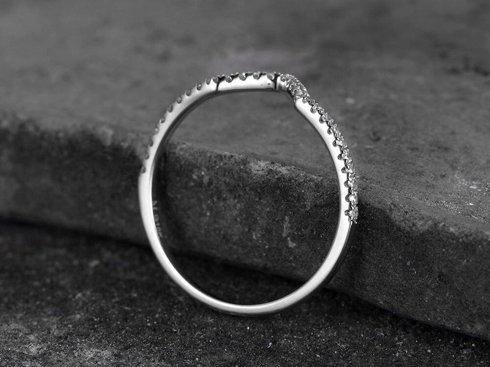 Sterling silver ring/Cubic Zirconia wedding band/CZ wedding ring/stackable ring/Matching band/white gold plated/Curved half V gap ring