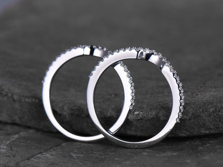 Sterling silver ring for women/Cubic Zirconia wedding band/CZ wedding ring/stackable ring/Matching band/Xmas gift/2pcs half moon gap ring