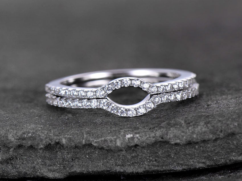 Sterling silver ring for women/Cubic Zirconia wedding band/CZ wedding ring/stackable ring/Matching band/Xmas gift/2pcs half moon gap ring