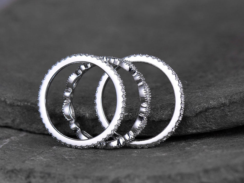 Sterling silver ring SET/Cubic Zirconia wedding band/CZ wedding ring/stack ring/3PCS Matching band/Full eternity ring/White gold plated