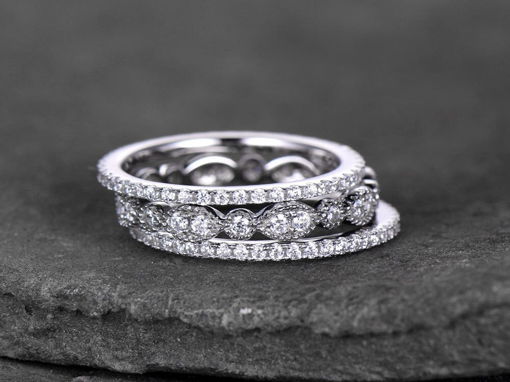 Sterling silver ring SET/Cubic Zirconia wedding band/CZ wedding ring/stack ring/3PCS Matching band/Full eternity ring/White gold plated