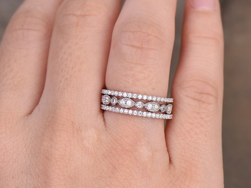 Sterling silver ring SET/Cubic Zirconia wedding band/CZ wedding ring/stack ring/3PCS Matching band/Full eternity ring/White gold plated