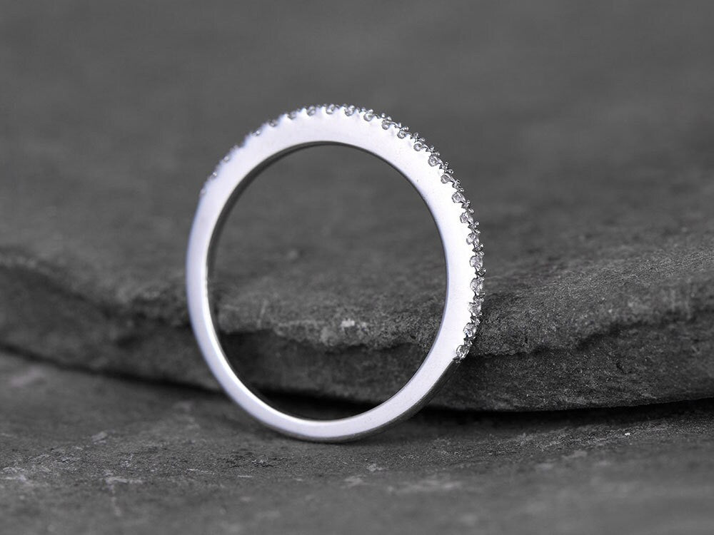 Sterling silver ring/Cubic Zirconia wedding band/CZ wedding ring/stack ring/Thin Matching band/Half eternity ring/White gold plated