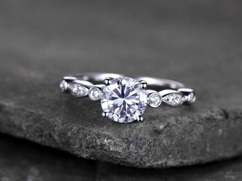 Sterling silver ring/Round cut Cubic Zirconia engagement ring/CZ wedding ring/stackable ring/promise ring/Xmas gift/White gold plated