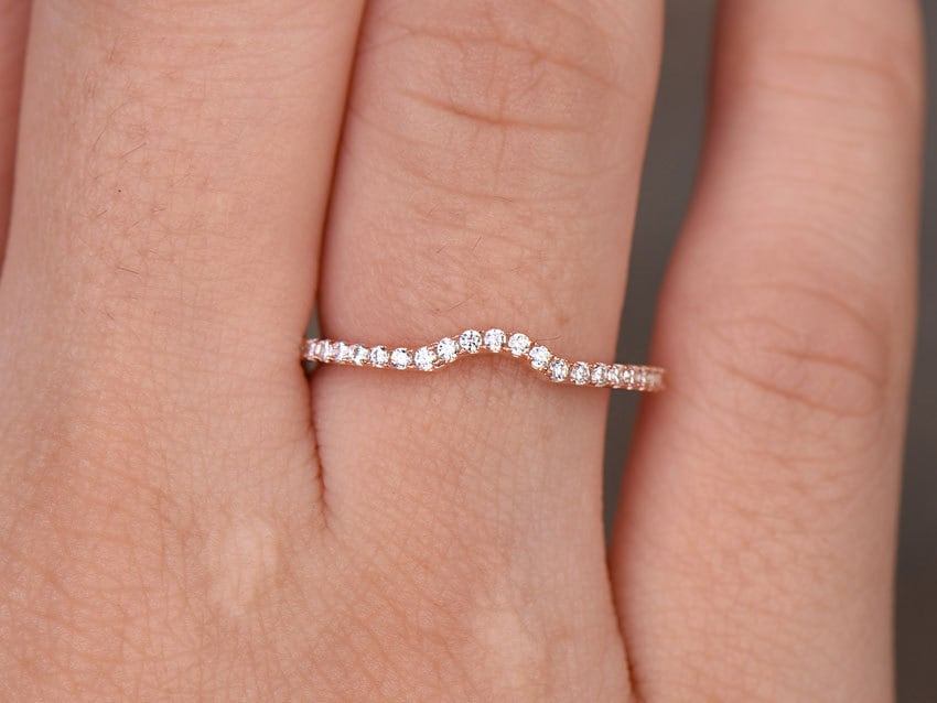 Sterling silver ring/Cubic Zirconia wedding band/CZ wedding ring/stackable ring/Matching band/rose gold plated/Curved half moon gap ring
