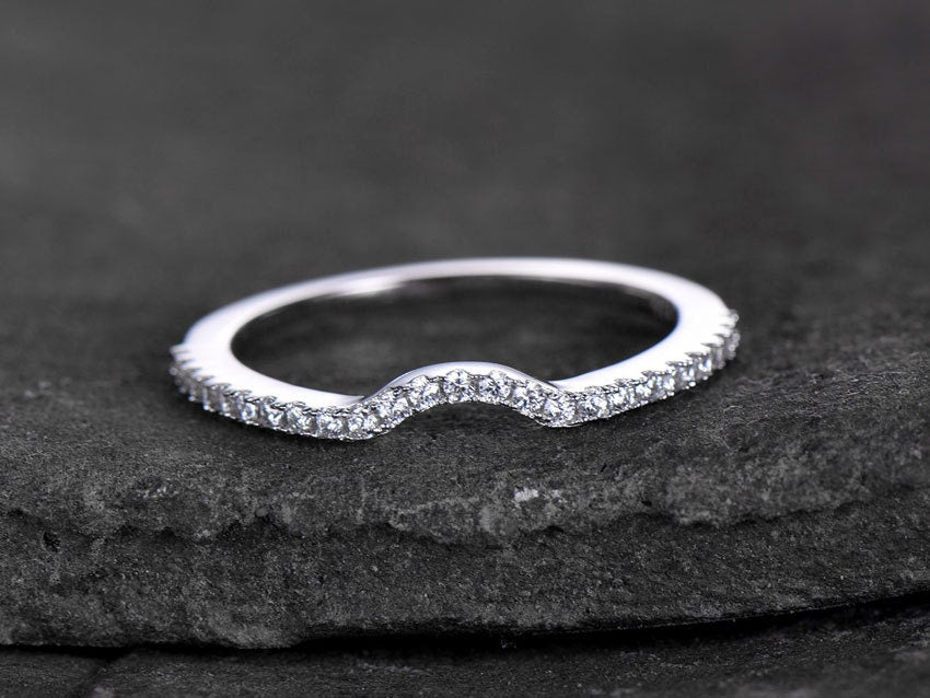 Sterling silver ring/Cubic Zirconia wedding band/CZ wedding ring/stackable ring/Matching band/white gold plated/Curved half moon gap ring