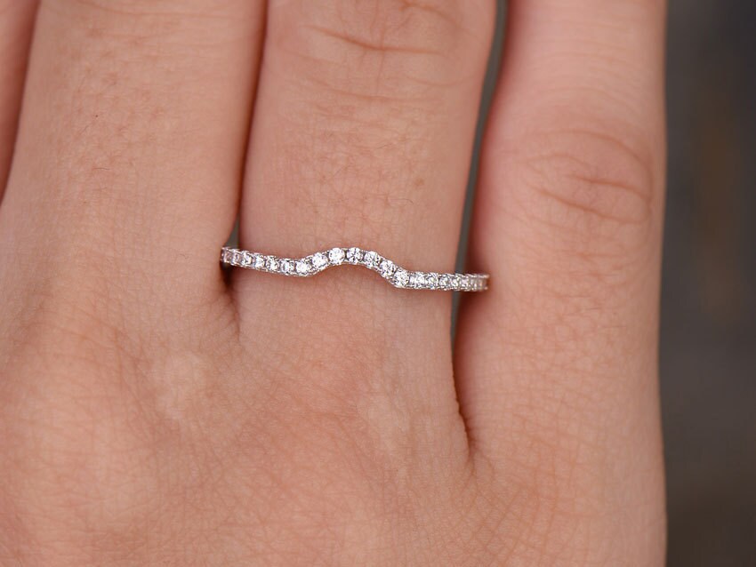 Sterling silver ring/Cubic Zirconia wedding band/CZ wedding ring/stackable ring/Matching band/white gold plated/Curved half moon gap ring