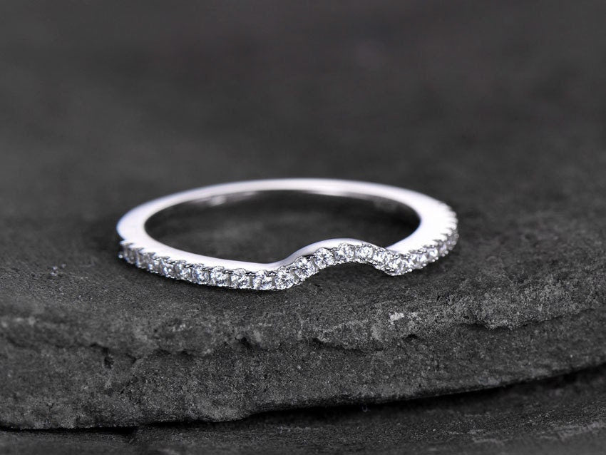 Sterling silver ring/Cubic Zirconia wedding band/CZ wedding ring/stackable ring/Matching band/white gold plated/Curved half moon gap ring
