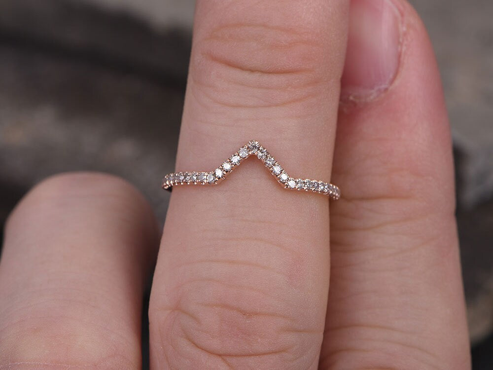 Sterling silver ring/Cubic Zirconia wedding band/CZ wedding ring/stackable ring/Matching band/rose gold plated/Curved Sharp V shape gap ring