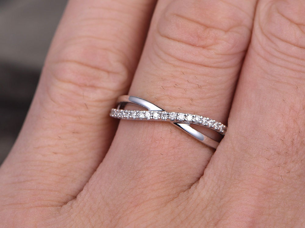 Infinity Sterling silver ring/Cubic Zirconia wedding band/CZ wedding ring/stackable ring/Matching band/Gift/Split shank/White gold plated