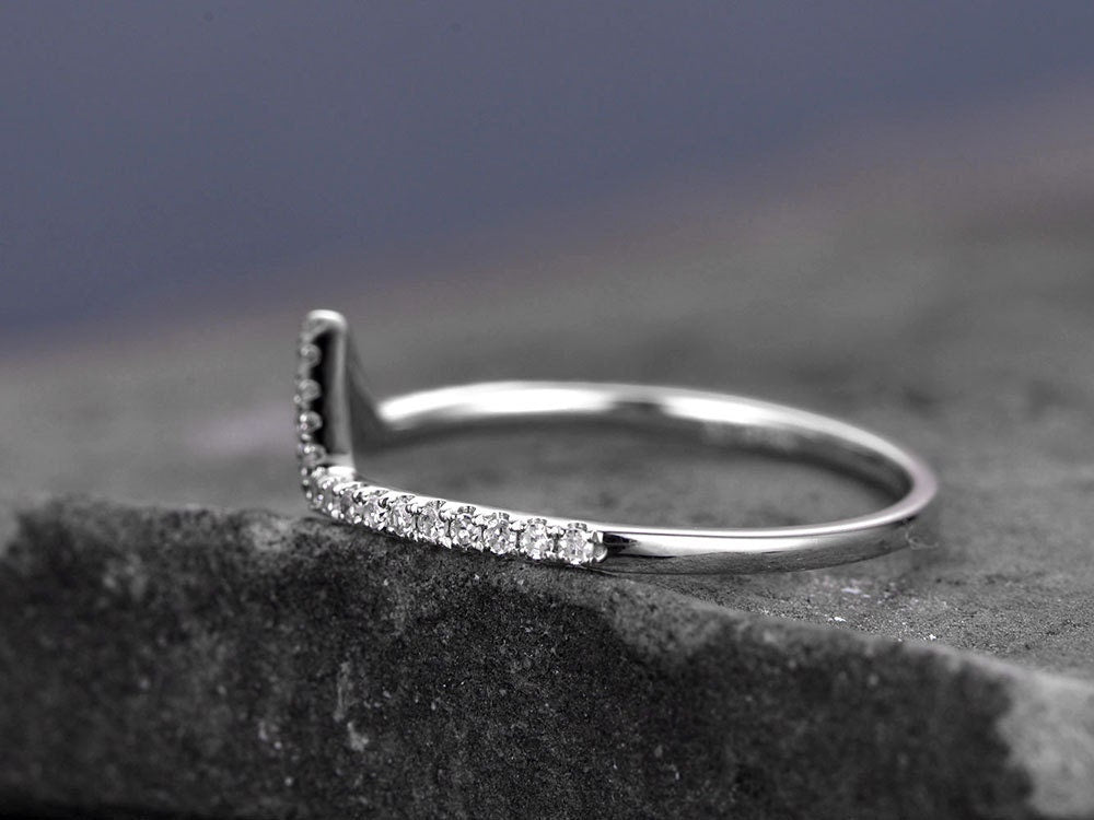 Sterling silver ring/Cubic Zirconia wedding band/CZ wedding ring/stackable ring/Matching band/white gold plated/Curved half V gap ring