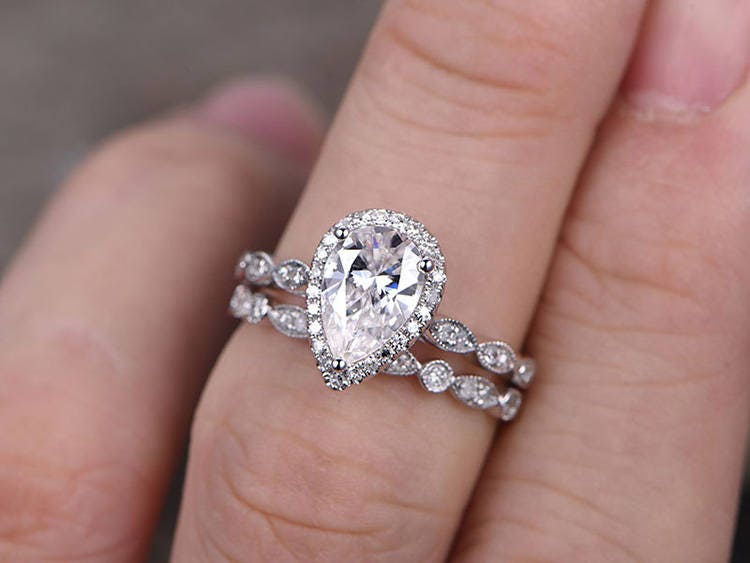 Pear shaped silver ring set/Cubic Zirconia wedding band/CZ Engagement ring/stack ring/2PC Matching Ring/Marquise band/White gold plated