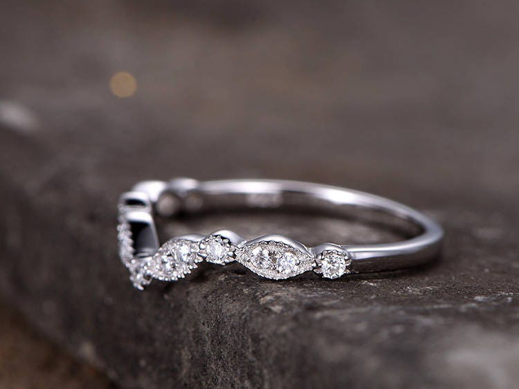 Sterling silver ring/Cubic Zirconia wedding band/CZ wedding ring/stackable ring/Matching band/marquise band/Curved Sharp V shape gap ring