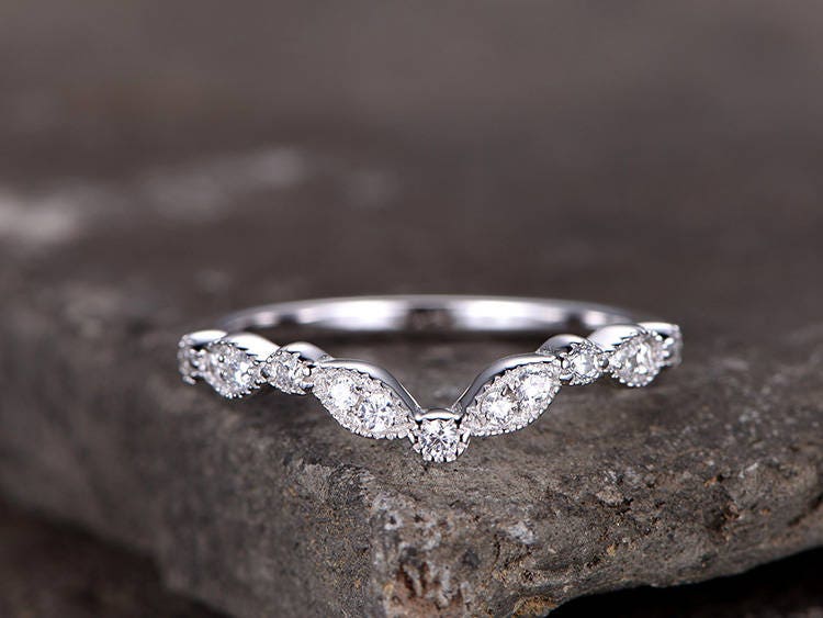 Sterling silver ring/Cubic Zirconia wedding band/CZ wedding ring/stackable ring/Matching band/marquise band/Curved Sharp V shape gap ring
