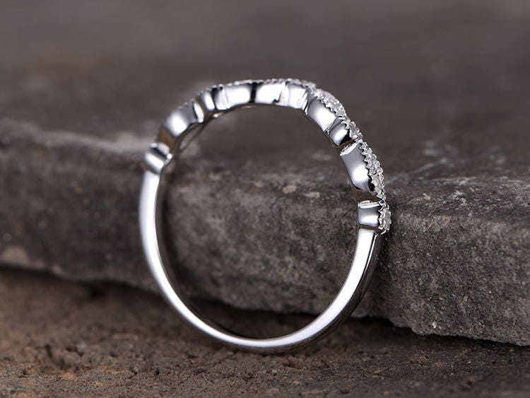 Sterling silver ring/Cubic Zirconia wedding band/CZ wedding ring/stackable ring/Matching band/marquise band/Curved Sharp V shape gap ring